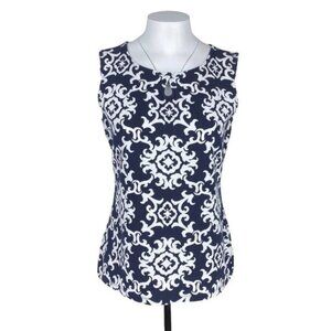 Talbots Navy Blue Floral Print Keyhole Top Sz  Small